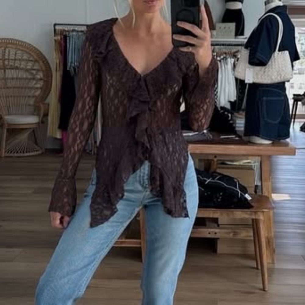 Chic Ruffled Brown Women's Blouse